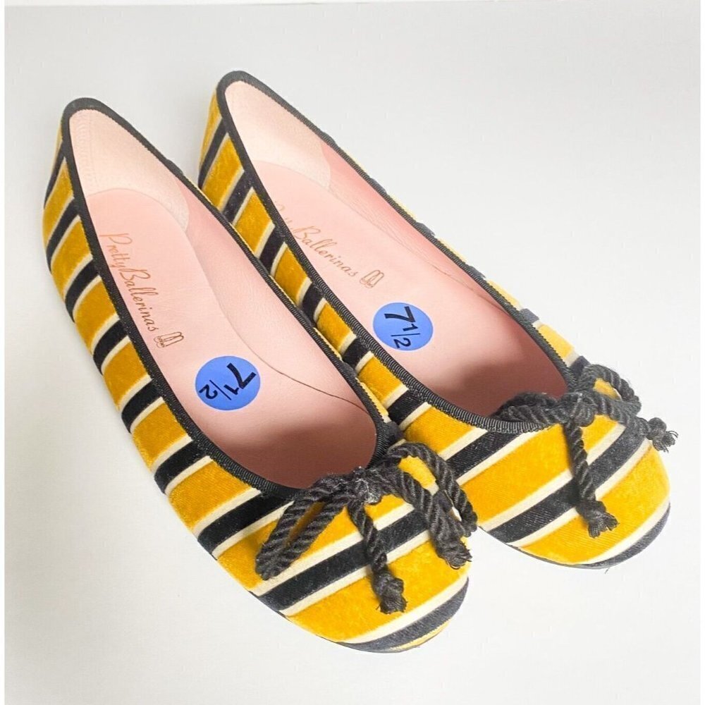 NEW Pretty Ballerinas Striped Yellow Black Round toe Velvet Ballet Flats 37.5